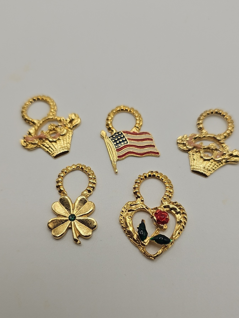 Gold-Tone Floral & Flag, Heart,4 Leaf Clover Charm Set for Women